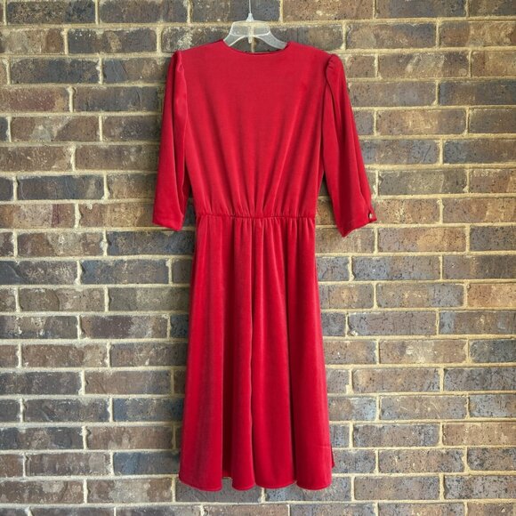 Vintage Anthony Richards Red Velvet Velour Scalloped V Neck Dress Pockets Sz 10 - Picture 2 of 8